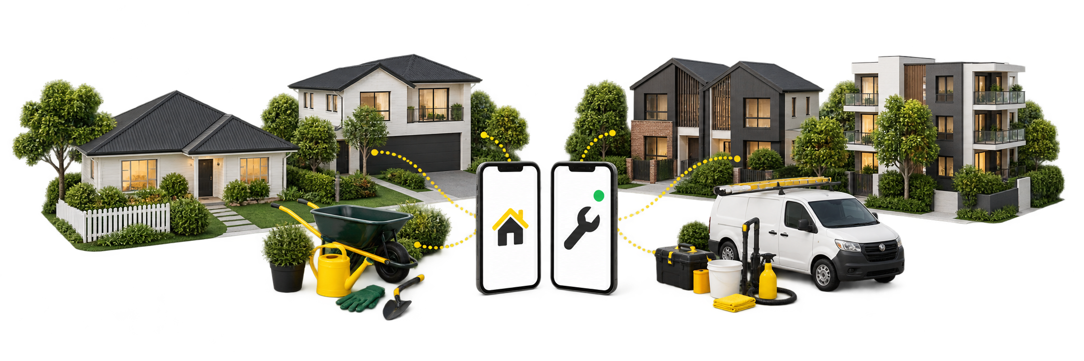 Illustration connecting local homes and professionals through two phones showing real KNOQ customer request and professional availability screens.